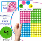 Dreecy Yard Sale Price Stickers Garage Sale Pre-Priced Price Tag Labels, 1920 PCS 3/4" Diameter Flea Market Pre-Printed Pricing Stickers for Retail,Bright Neon Colors (Pink Green Blue Yellow)