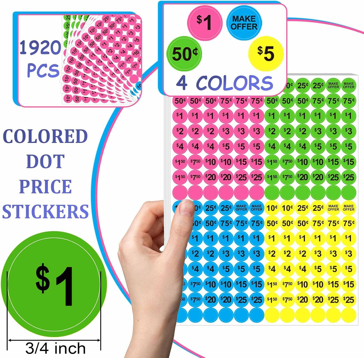 Dreecy Yard Sale Price Stickers Garage Sale Pre-Priced Price Tag Labels, 1920 PCS 3/4" Diameter Flea Market Pre-Printed Pricing Stickers for Retail,Bright Neon Colors (Pink Green Blue Yellow)
