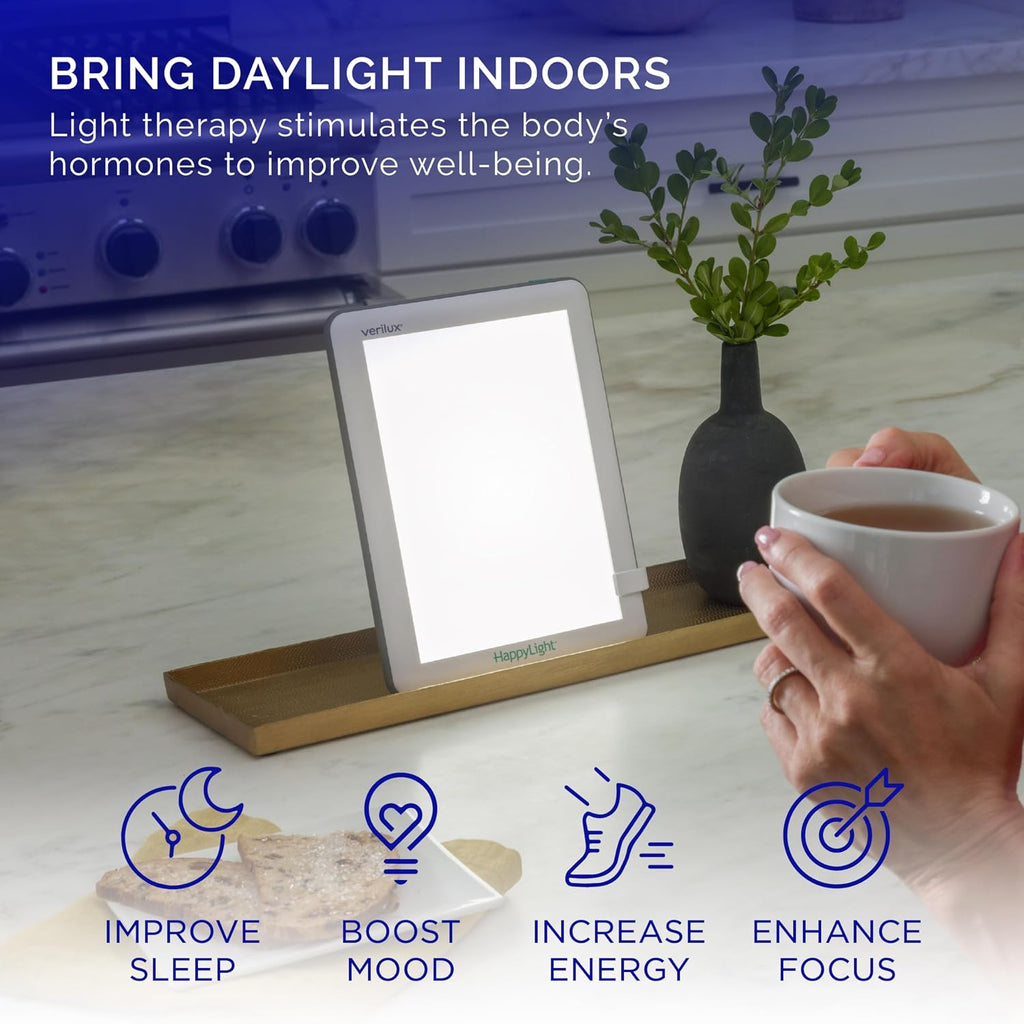 verilux happylight lucent light therapy lamp, 10,000 lux shown in use