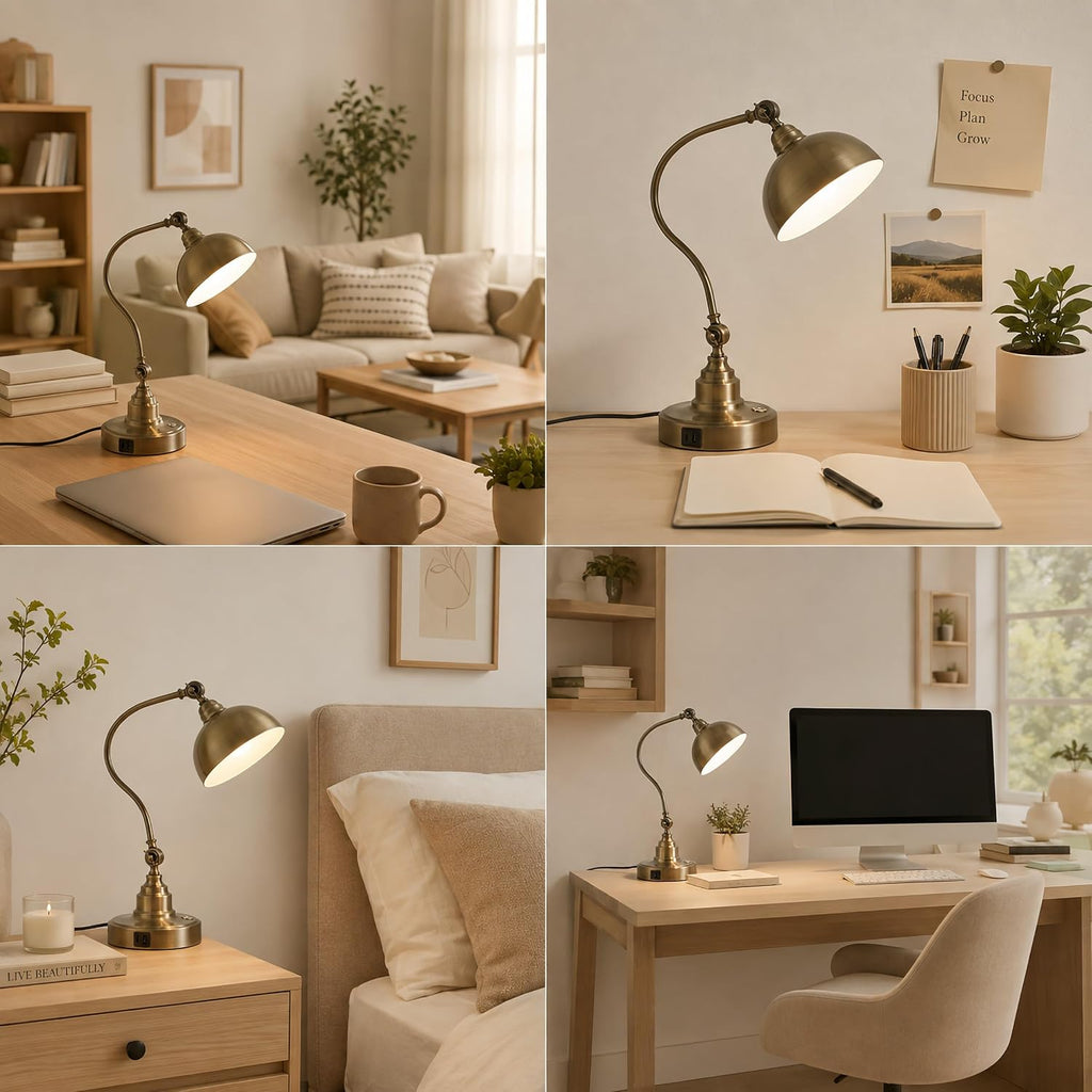 dimmable touch control antique brass desk lamp with, front angle view