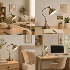 dimmable touch control antique brass desk lamp with, front angle view