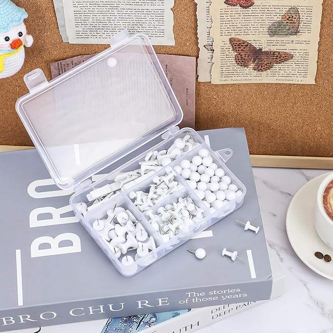 BESARME 200 Pieces Push Pins Set, 5 Types White Thumb Tacks Cute Decorative - Image 3