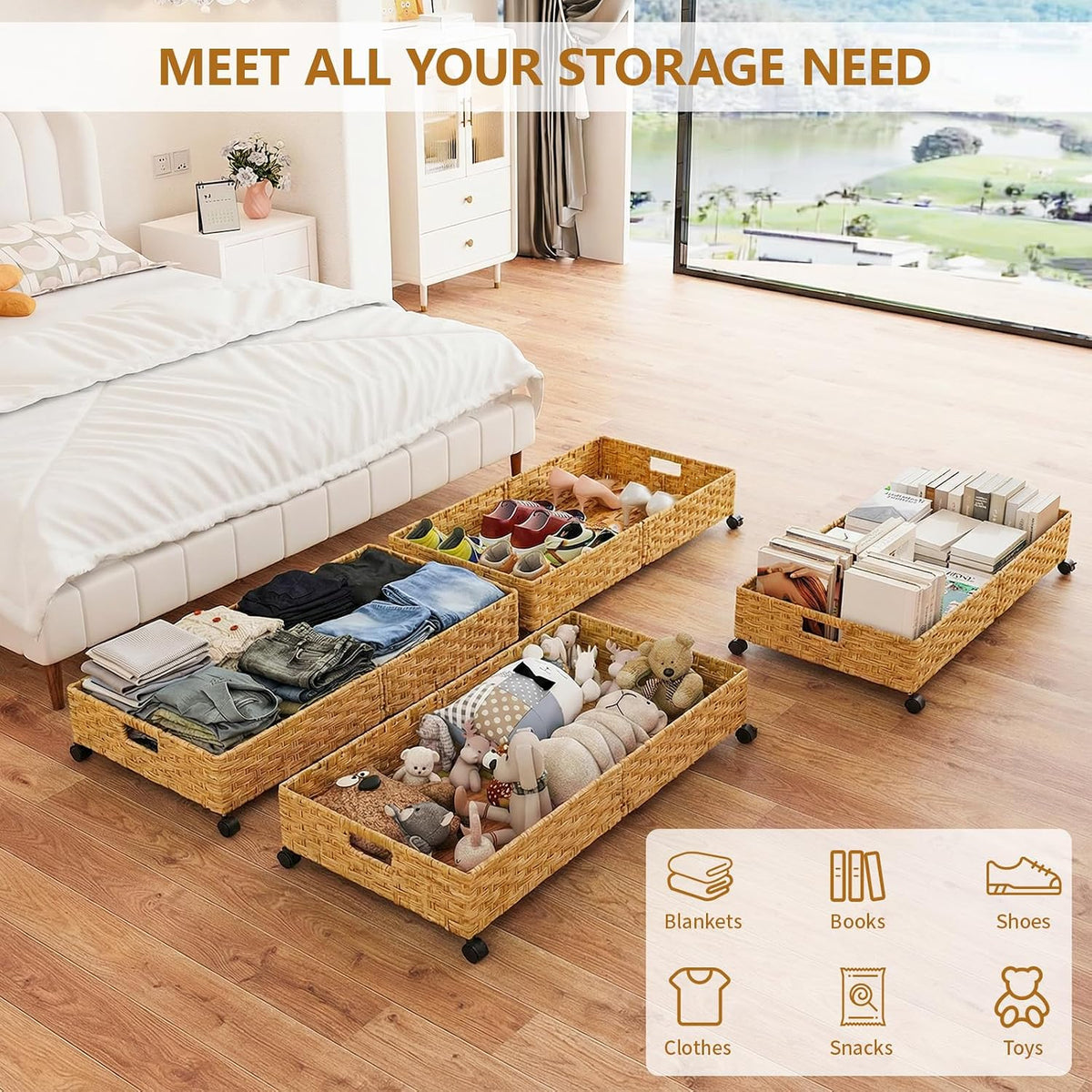 Under Bed Storage Containers with Wheels, 31.5” Large Handwoven Rattan Rollin...