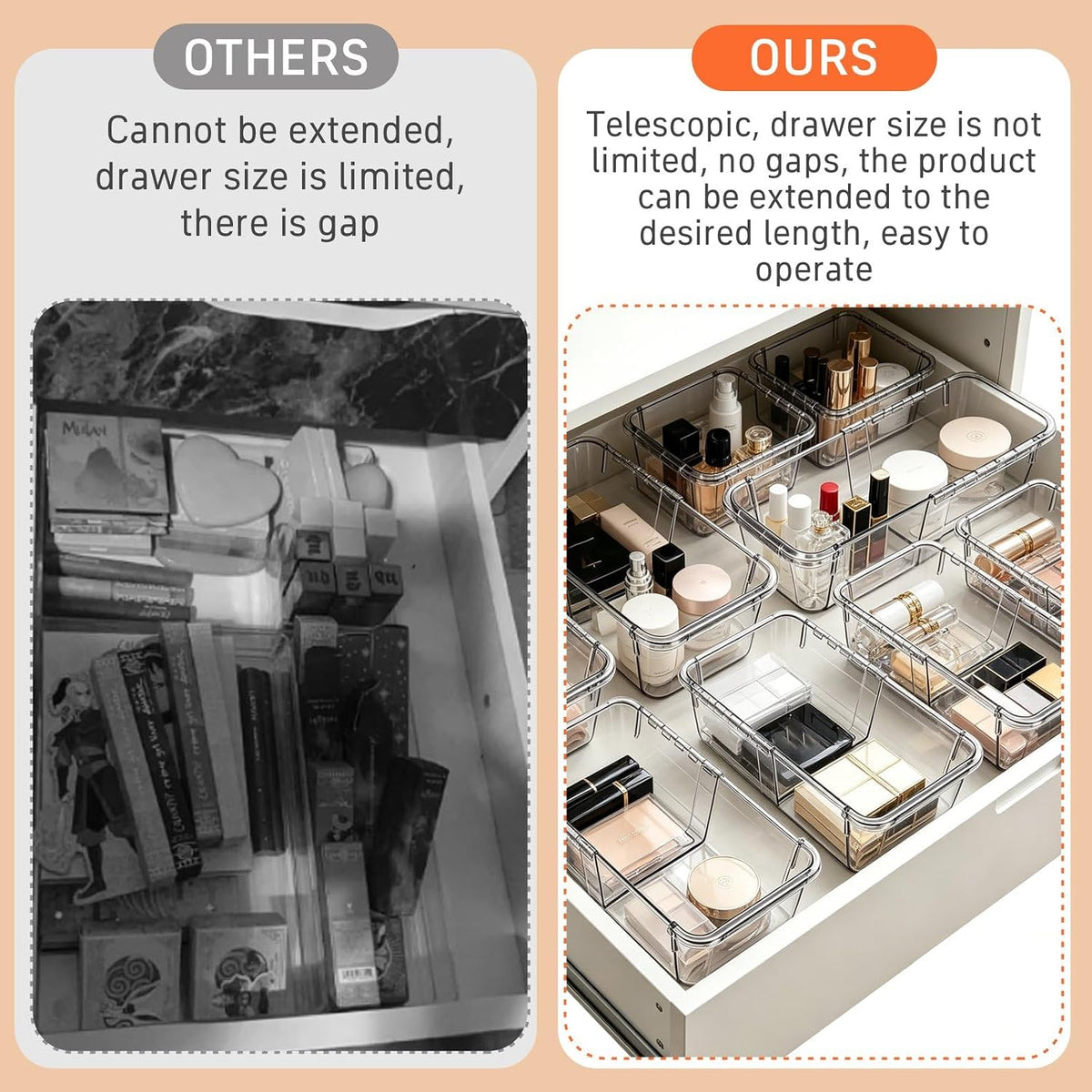Expandable Drawer Organizer Set, 15 Clear Bins, 2 Sizes