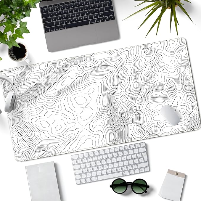 Mechanical Cattle Desk Mat Large Gaming White Mouse Pad Minimalist Topographic - Image 2