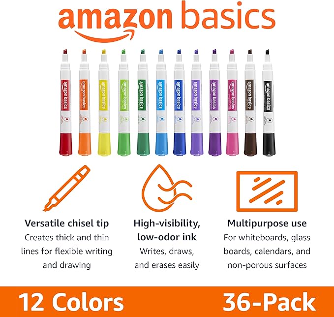 Amazon Basics Low-Odor Dry Erase Whiteboard Markers, Chisel Tip, 12 Assorted - Image 2