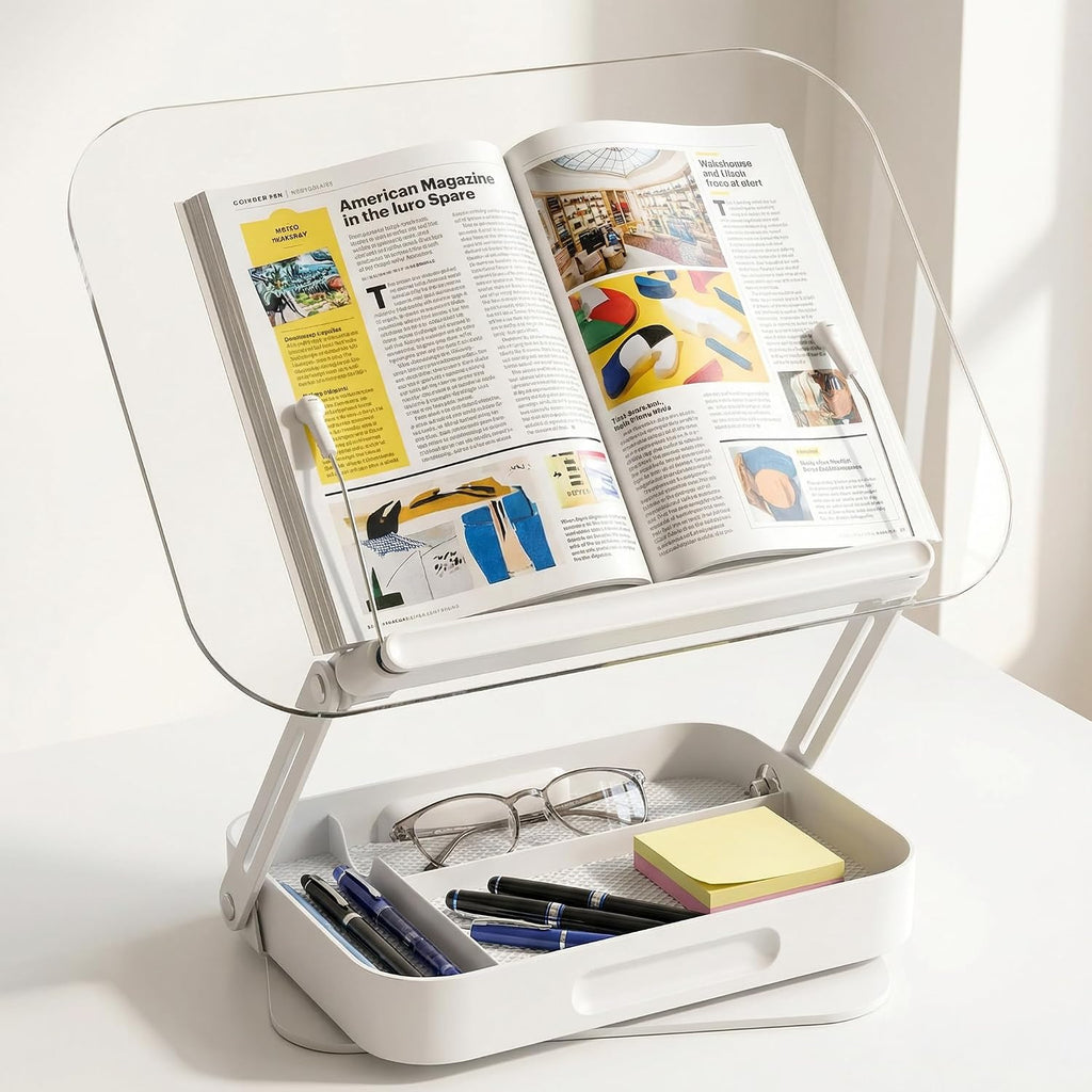 Book Stand for Reading, Acrylic Adjustable Book Holder with Book Page Holder, 360°Cookbook Stand with Storage for Kitchen Counter, Hands Free Recipe Book Holder for Textbook Cookbook, Clear
