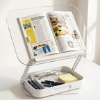 Book Stand for Reading, Acrylic Adjustable Book Holder with Book Page Holder, 360°Cookbook Stand with Storage for Kitchen Counter, Hands Free Recipe Book Holder for Textbook Cookbook, Clear