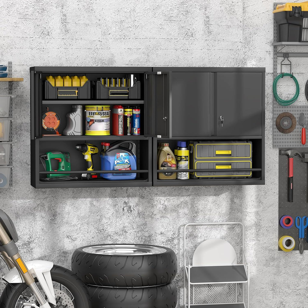 greatmeet locking metal garage wall cabinet with doors shown in use