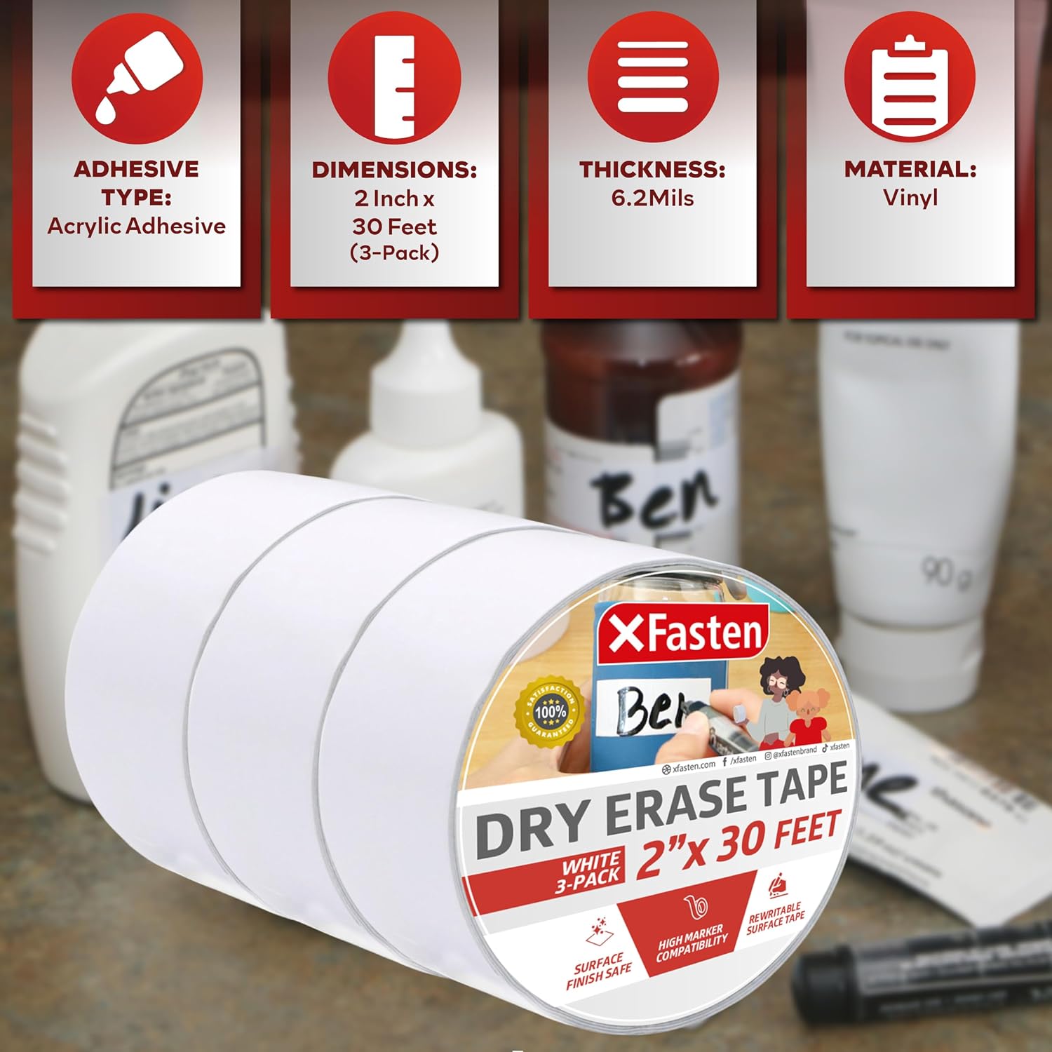 XFasten Dry Erase Tape White 2-Inch x 30-Feet (3-Pack 90 Feet Total) Zero Smudging Ghosting-Free Whiteboard Tape, Reusable Dry Erase Labels for Storage Bins, Sentence Strips for Teachers