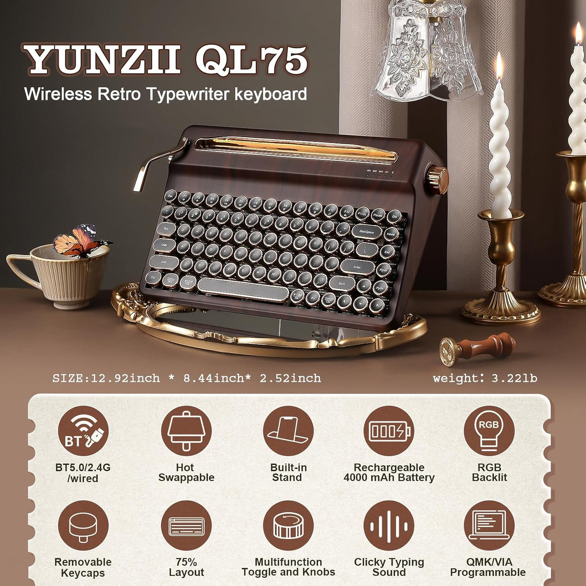 YUNZII QL75 Retro Typewriter Hot Swap RGB Keyboard (Wood, Onyx Switch)