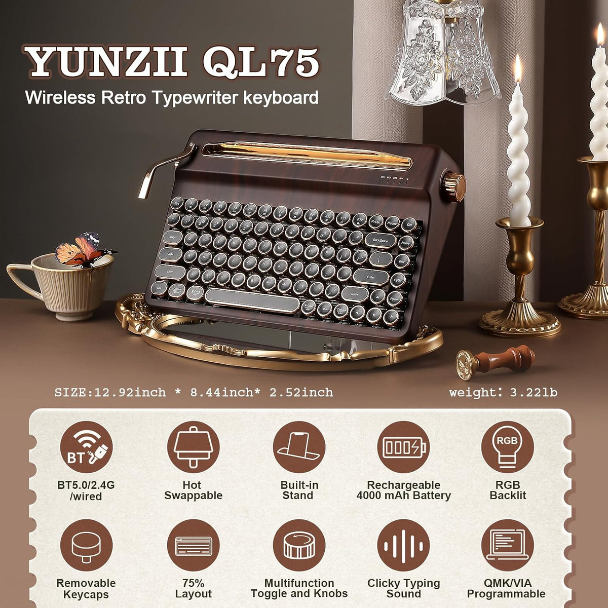 YUNZII QL75 Retro Typewriter Hot Swap RGB Keyboard(Wood, Cocoa V2)