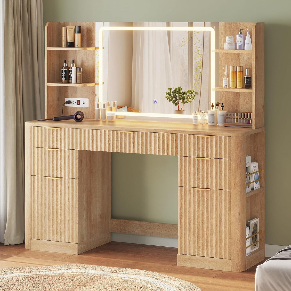 HAUOMS 51.2" Fluted Makeup Vanity Desk with Large Mirror and Lights, Oak