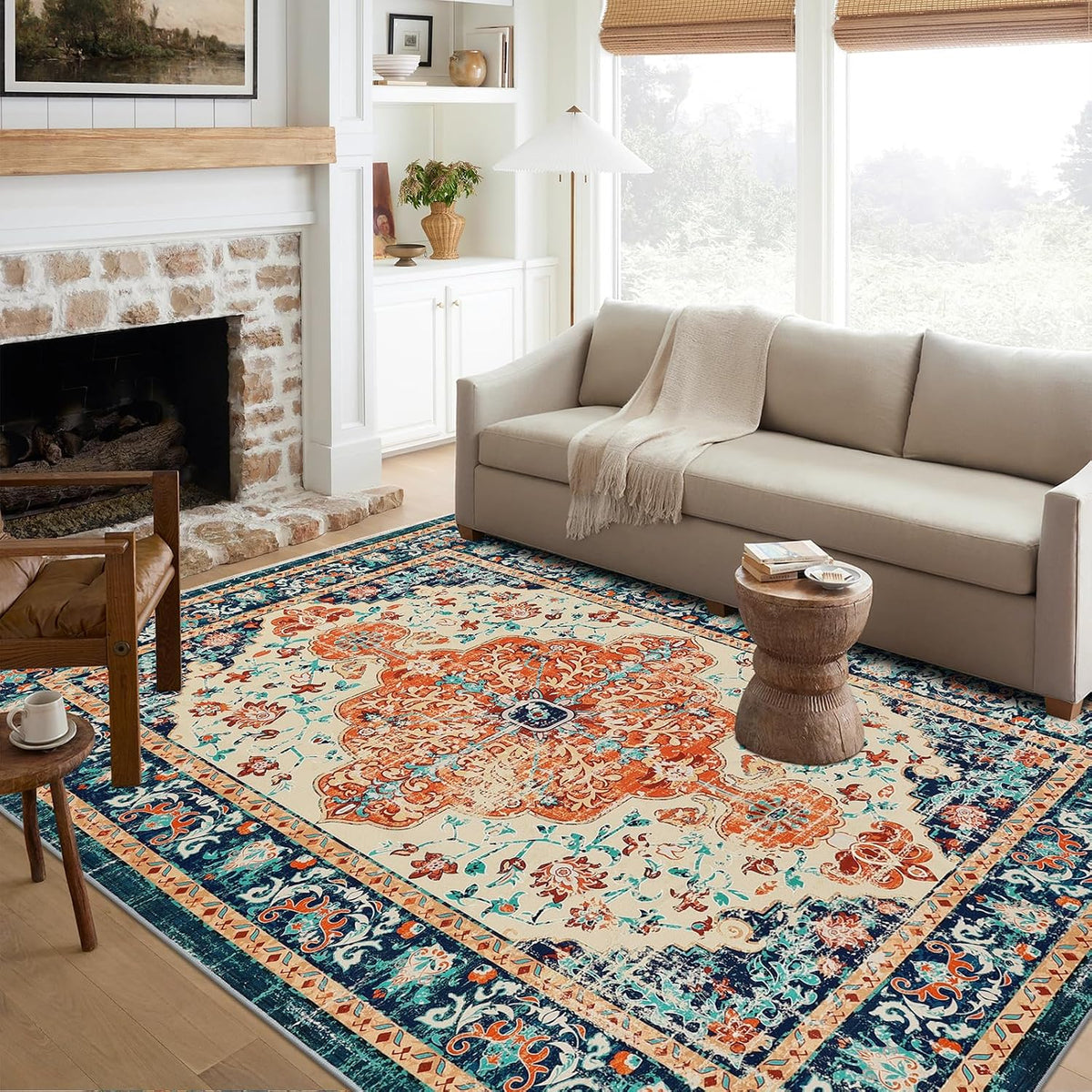 U'Artlines Boho Vintage Area Rug 6x9 Machine Washable Carpet,Orange/Multi