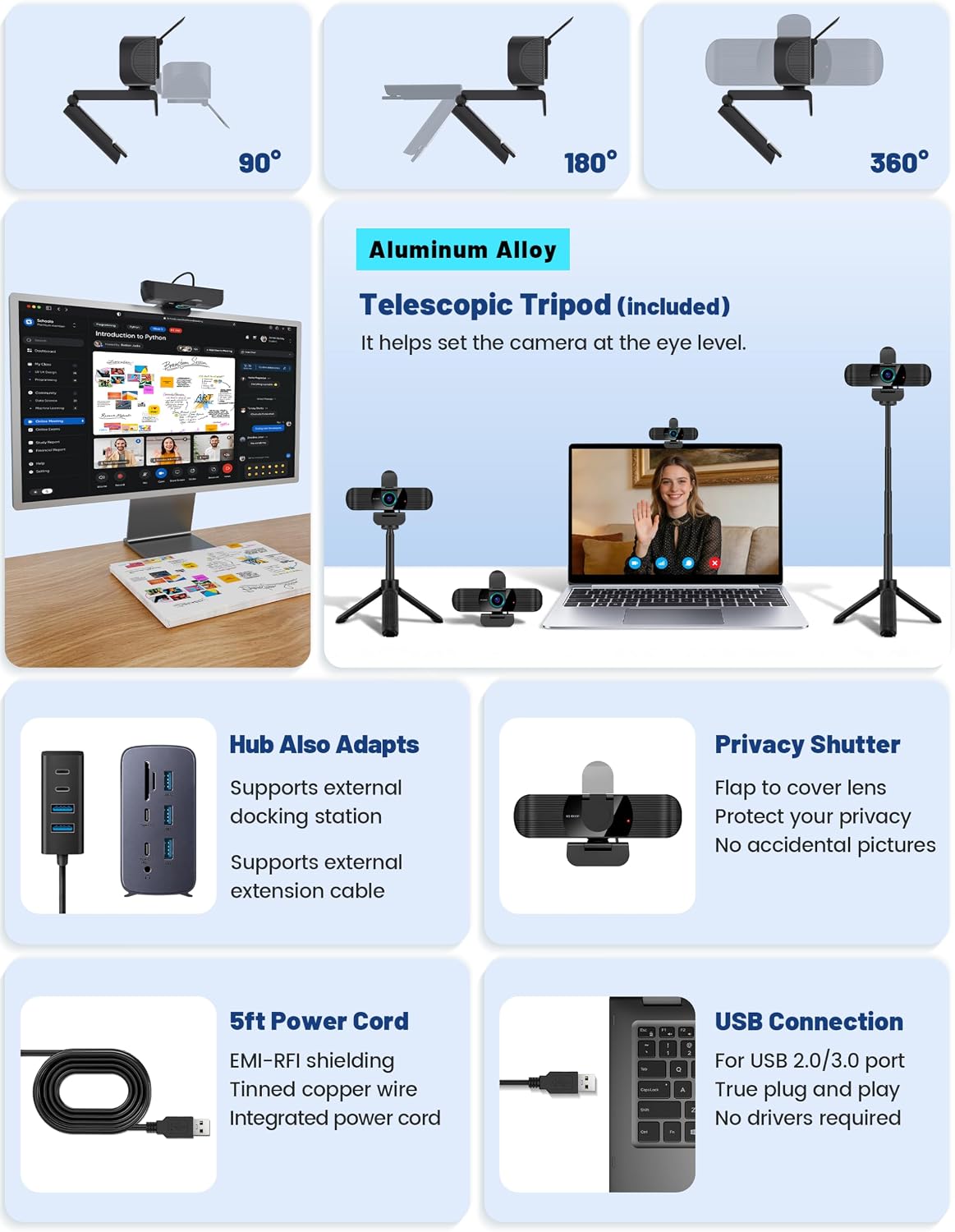 Pro HD 1080p/30fps Webcam with Tripod, External USB Camera for PC/Laptop