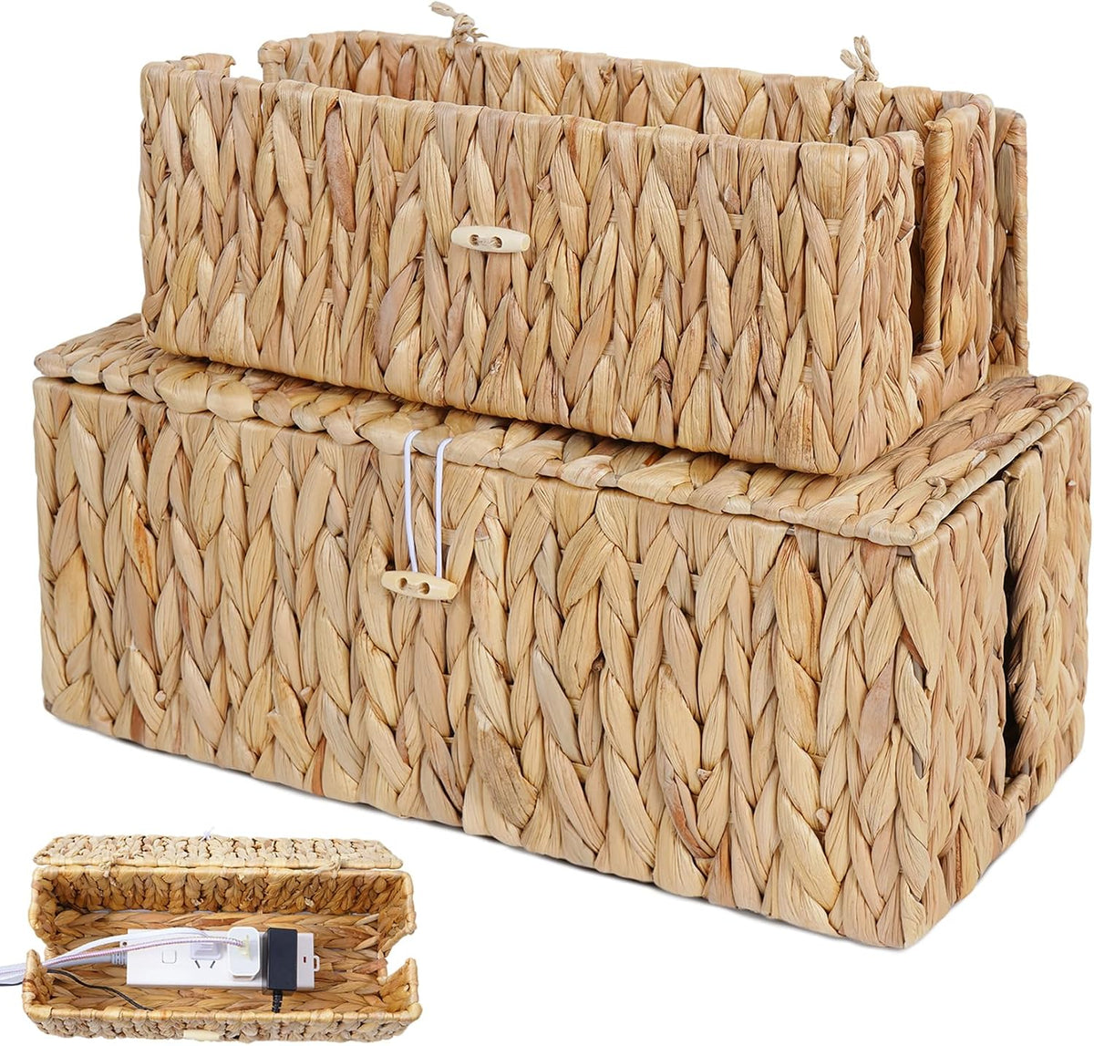 Cable Management Box with Lids-Handwoven Rattan Cord Organizer with Open Slot...