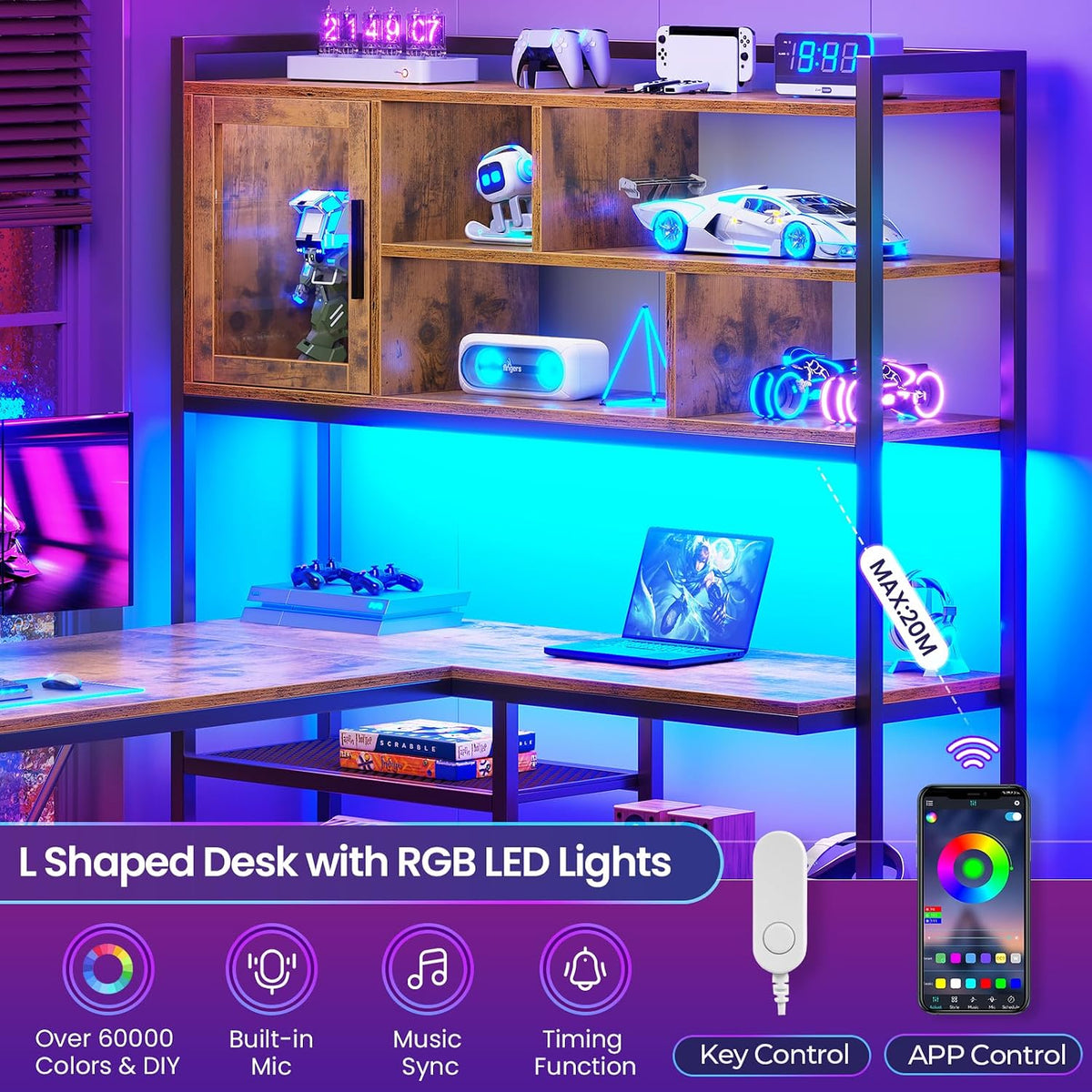 SEDETA L Shaped Computer Desk with Storage Shelves, Bookshelf, Rustic Brown