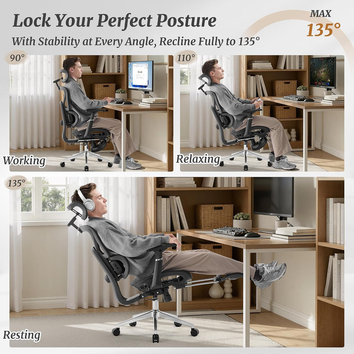 Cozyman Ergonomic Office Chair with Footrest - 5-Level Adjustable Lumbar Supp...