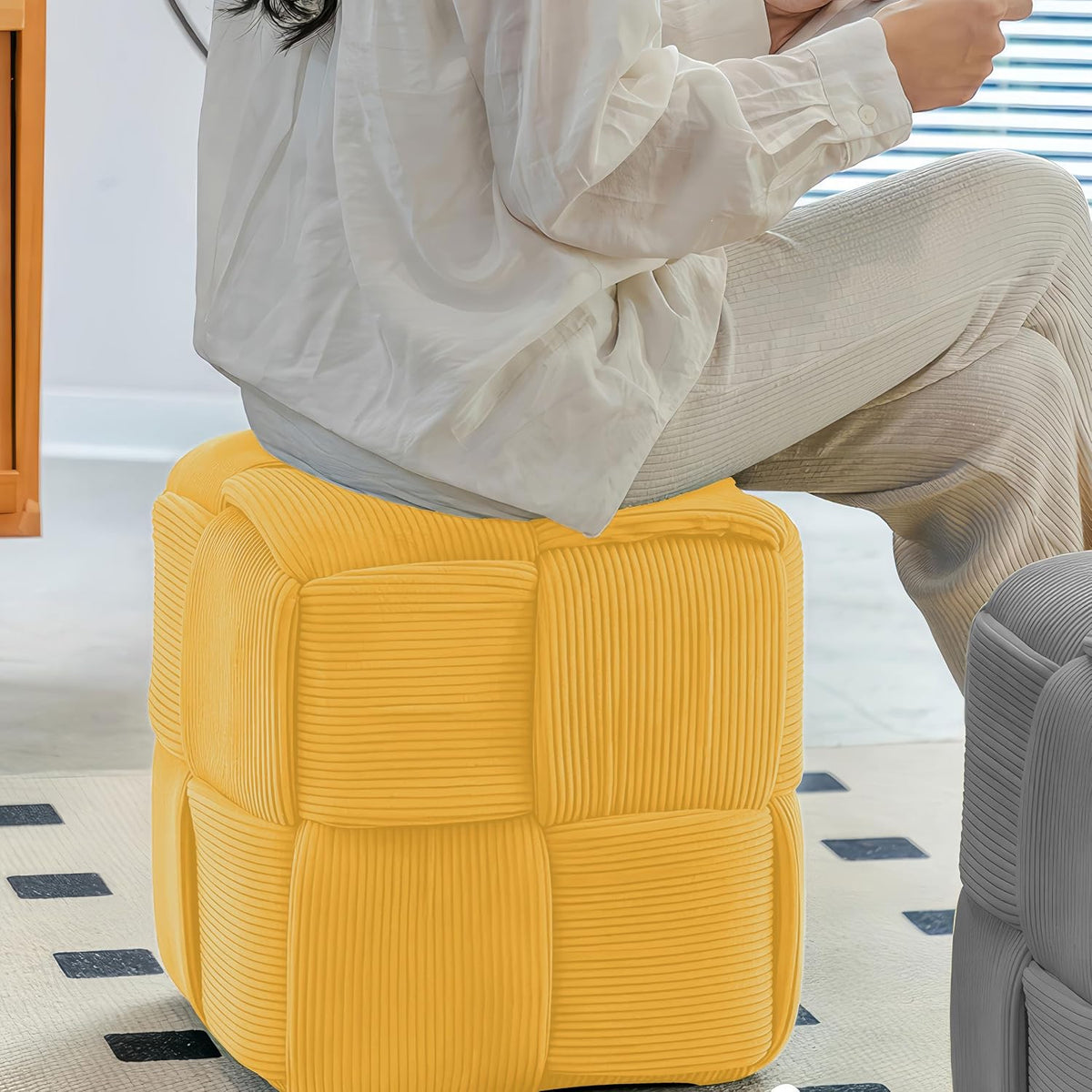 Cmishe 15" Square Woven Corduroy Ottoman Footrest - Modern Vanity Stool ...