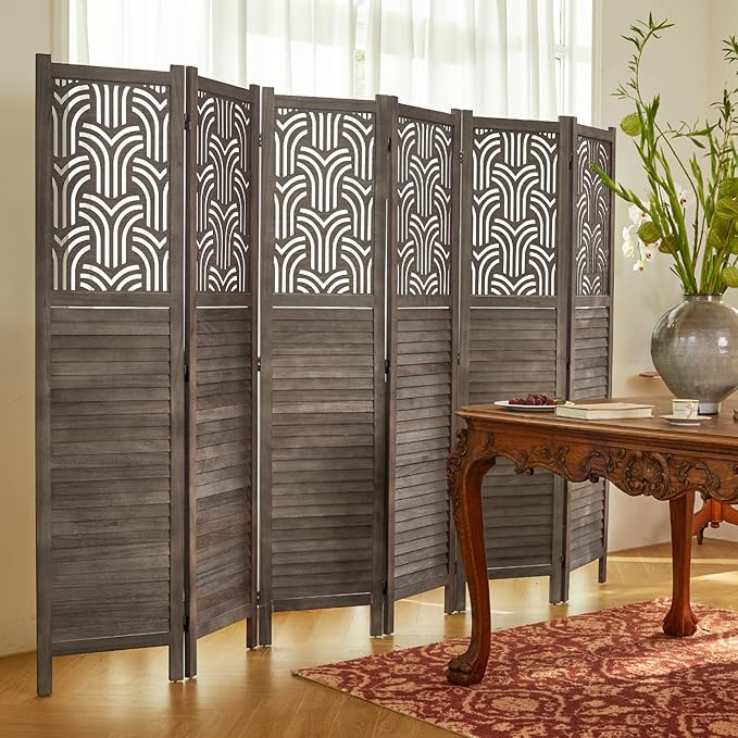 Svimi Folding Room Divider, 66.9 Inch 6 Panels Wood Carved Privacy Screens - Image 8