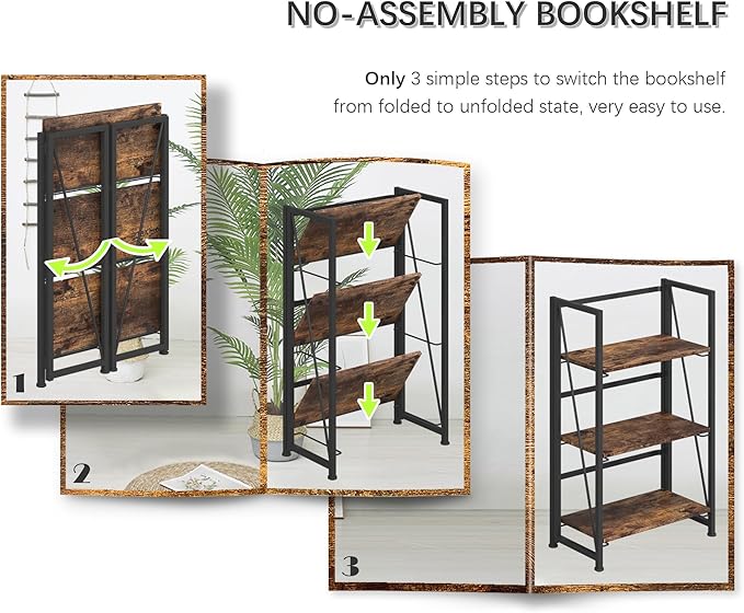 4NM No Assembly Folding Bookshelf Storage Shelves 3 Tiers Vintage Bookcase - Image 7