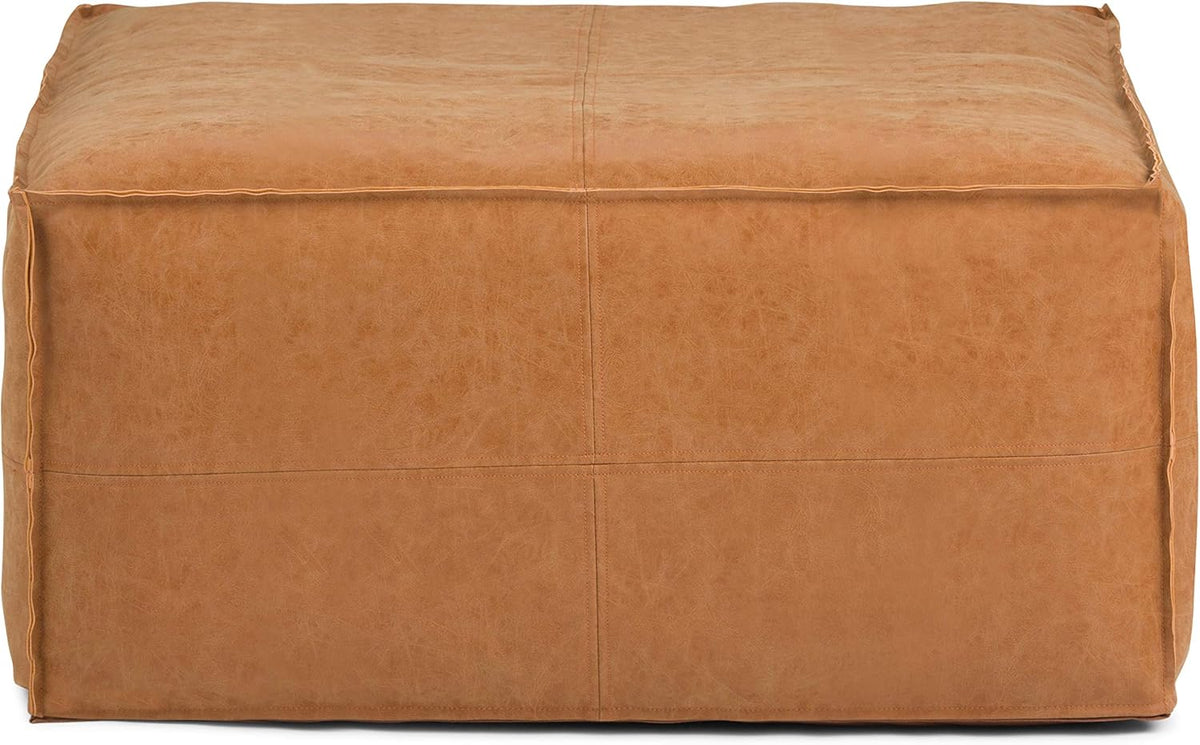 SIMPLIHOME Brody 30" Wide Pouf in Distressed Camel Brown Faux Leather