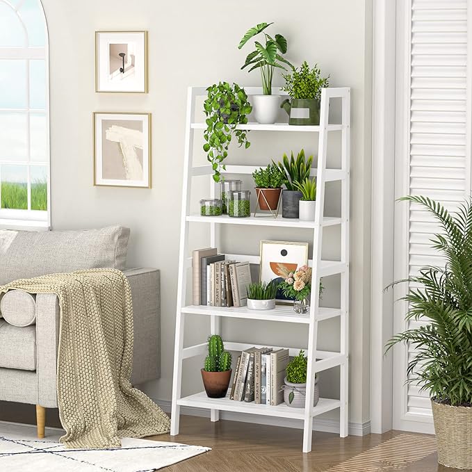 Homykic Ladder Shelf, 4-Tier Bamboo Ladder Bookshelf, 49.2” White Book Shelf - Image 2