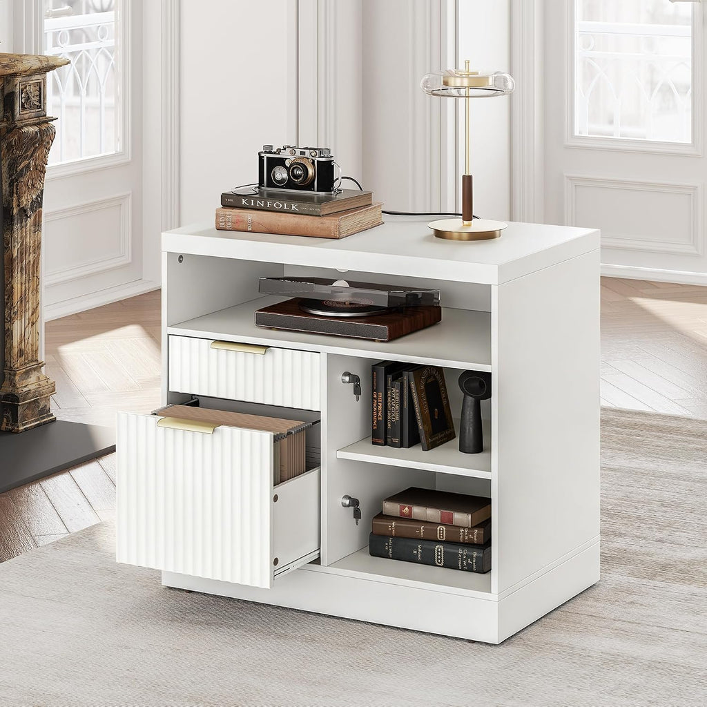 2 Drawer File Cabinet with Lock, Filing Cabinet for Home Office | Wood Fluted Lateral File Cabinet for Letter/A4 Size, Print Stand, AC/USB, Open Storage Shelves, 1.18'' Top, White