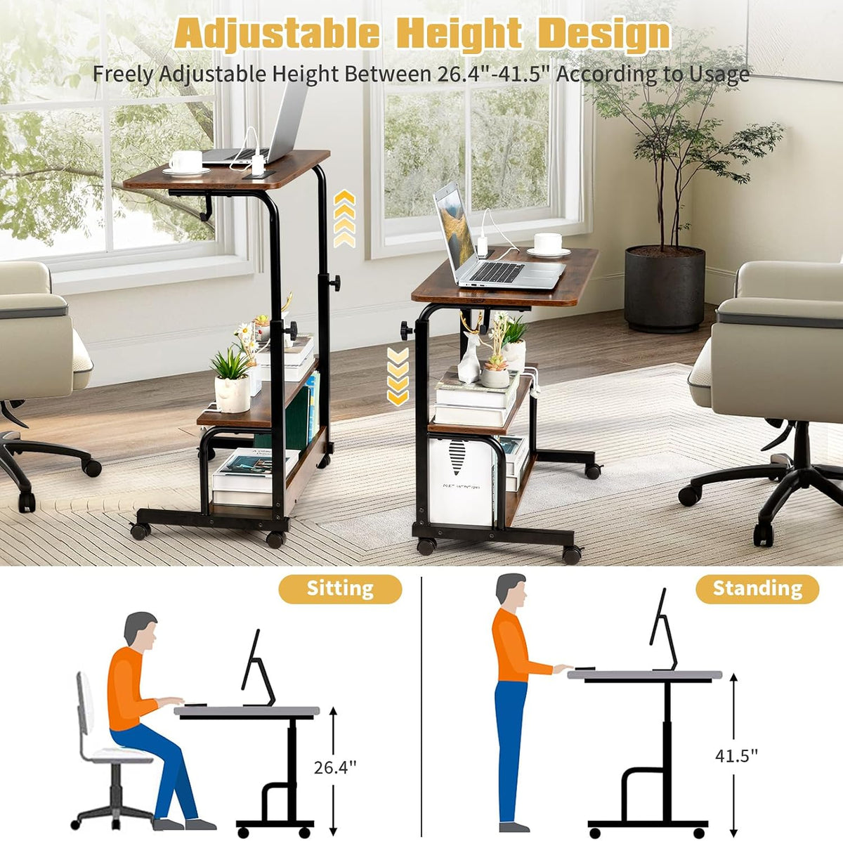 Karl home 31.5" Portable Rolling Computer Desk on Wheels, Rustic Brown