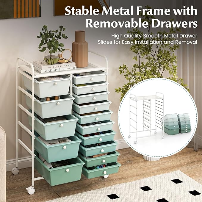 HAPPYGRILL 15-Drawer Rolling Cart, Storage Carts - Image 4