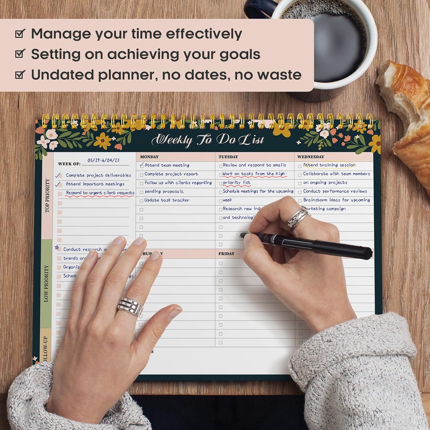 Weekly To Do List Notepad, Undated Weekly Planner Pad, 8.5" x 11" | Large Desk Planner, Weekly Task Planning, College School Supplies, for Home and Office, 52 Sheets, Rustic Floral