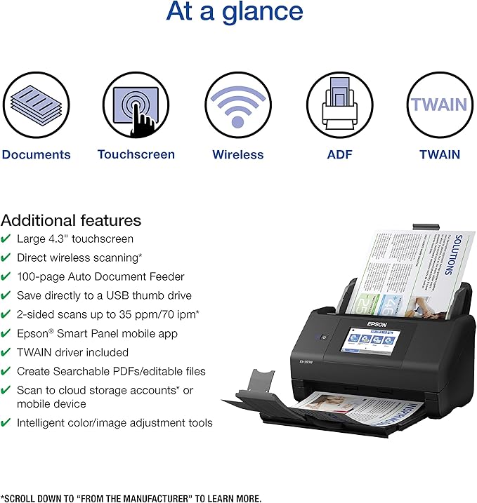 Epson Workforce ES-580W Wireless Color Duplex Desktop Document Scanner - Image 2