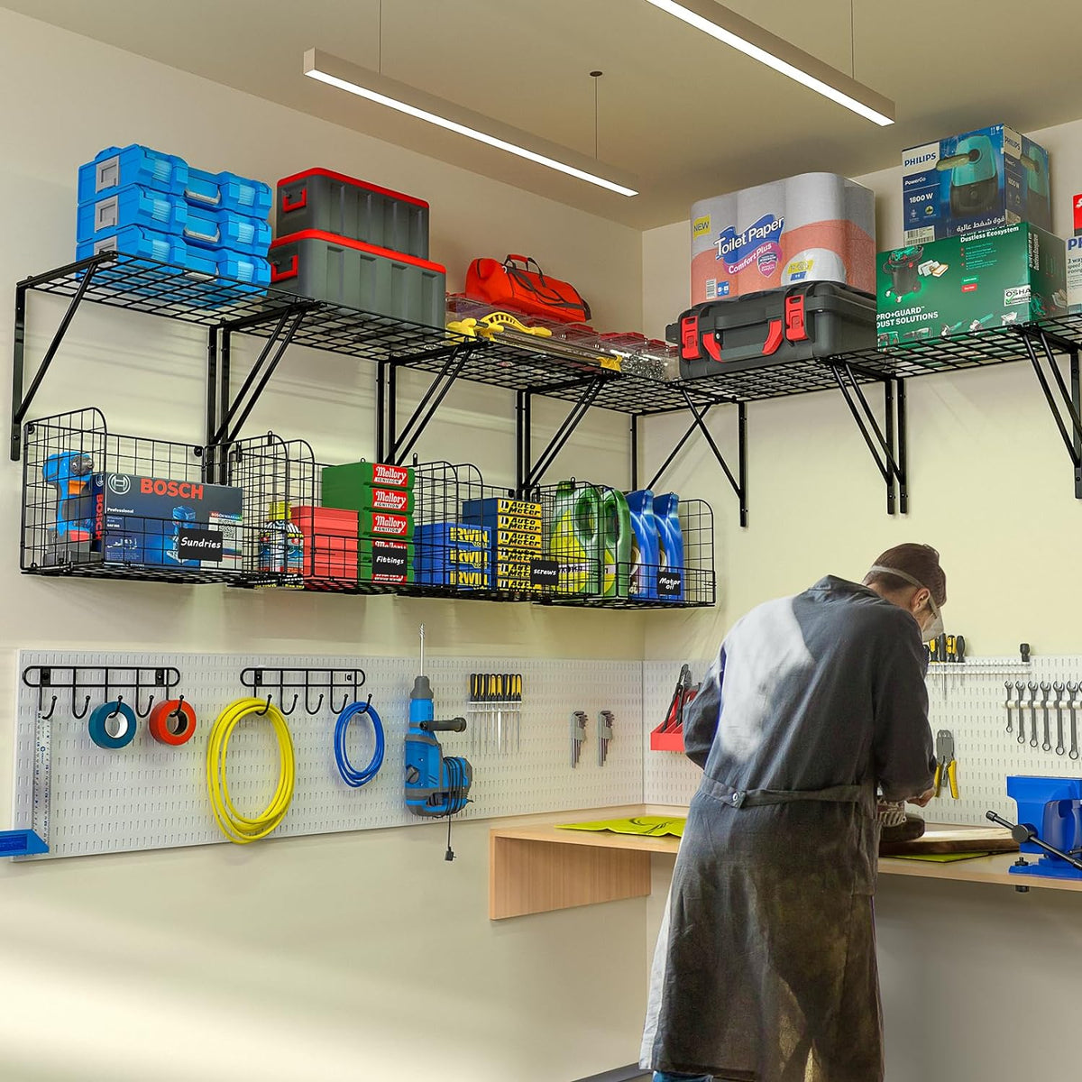 threehio 2 pack garage shelves wall mounted with shown in use