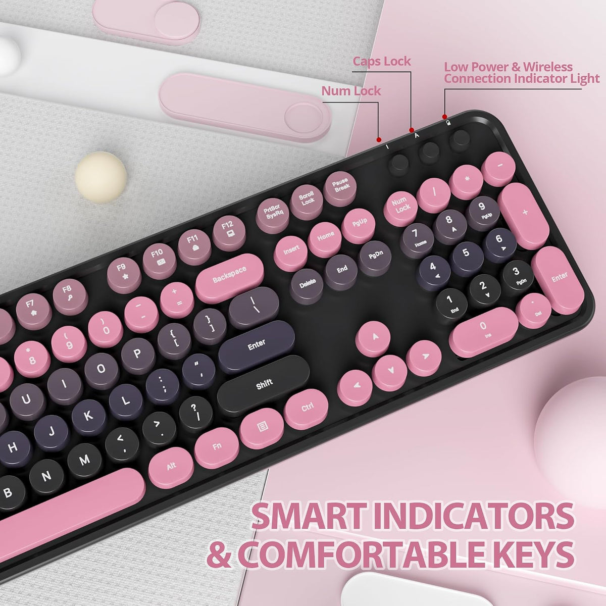 Pink Wireless Keyboard and Mouse, Cute Keyboard and Mouse Combo, Full Size Ty...