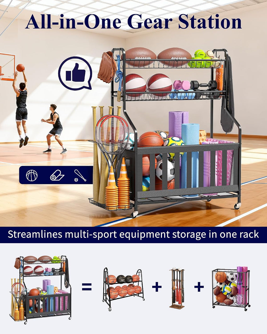 kitsure sports equipment organizer with wheels, garage ball shown in use