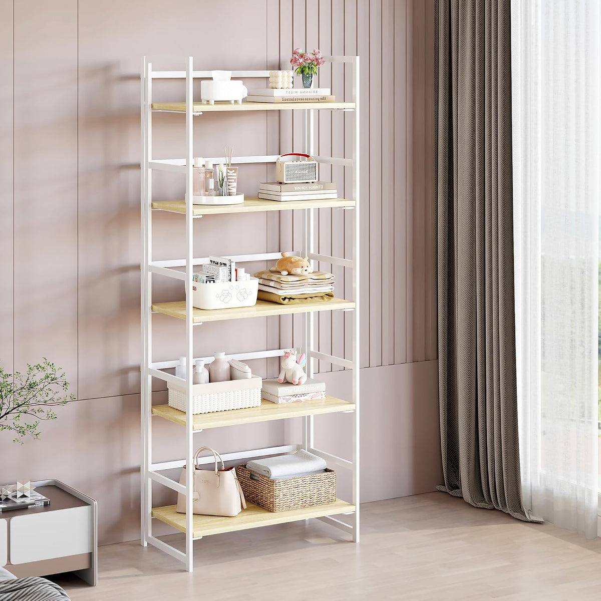 BHG Vintage Multifunctional Folding Bookshelf, No-Assembly Plant Stand Storag...