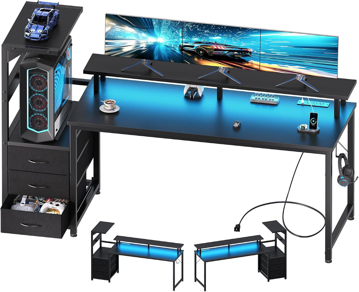 DUMOS 59” Reversible Gaming Computer Desk with Drawers and Power Outlet