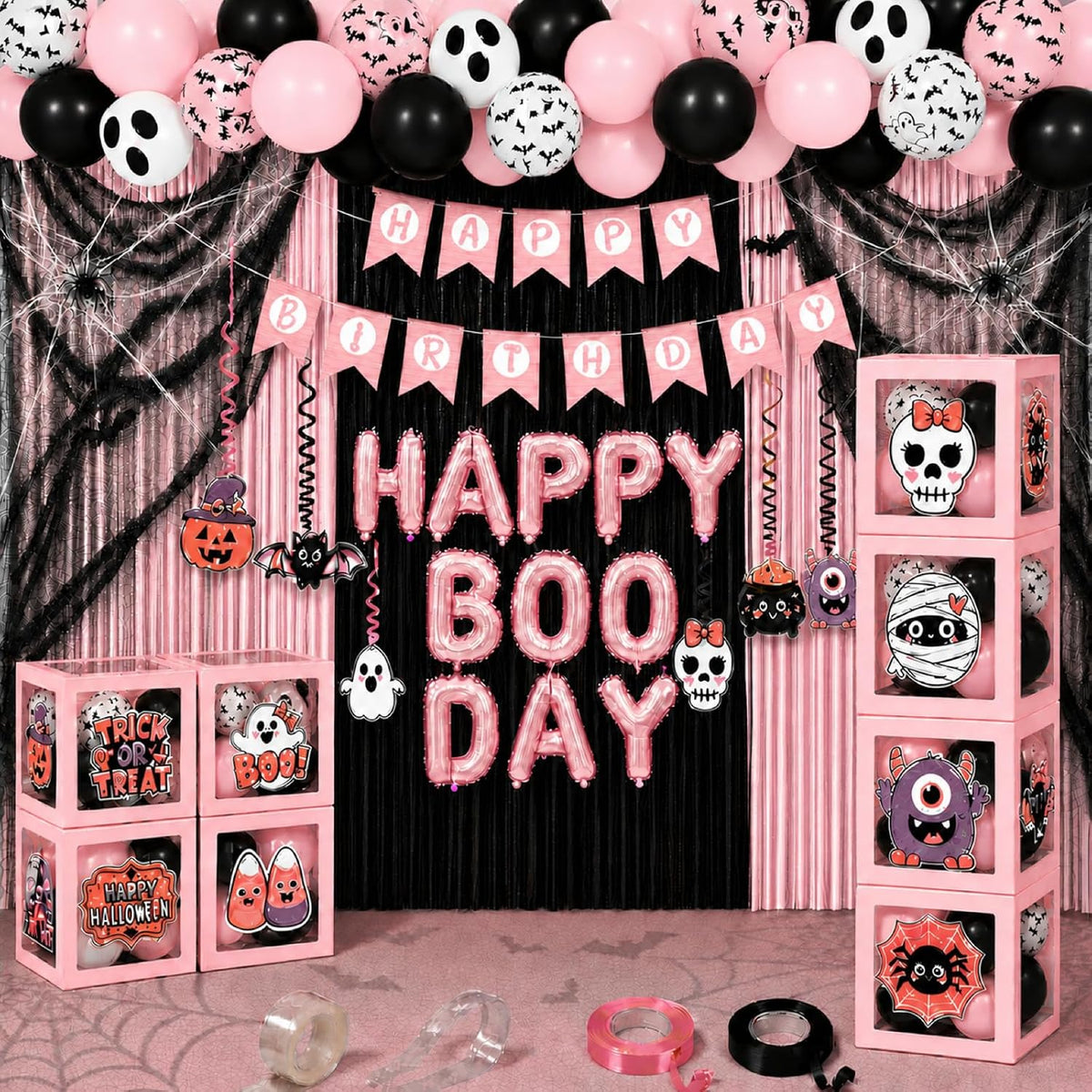 UJoyant Pink Halloween Party Decorations, Birthday Kit with 4 Balloon Boxes