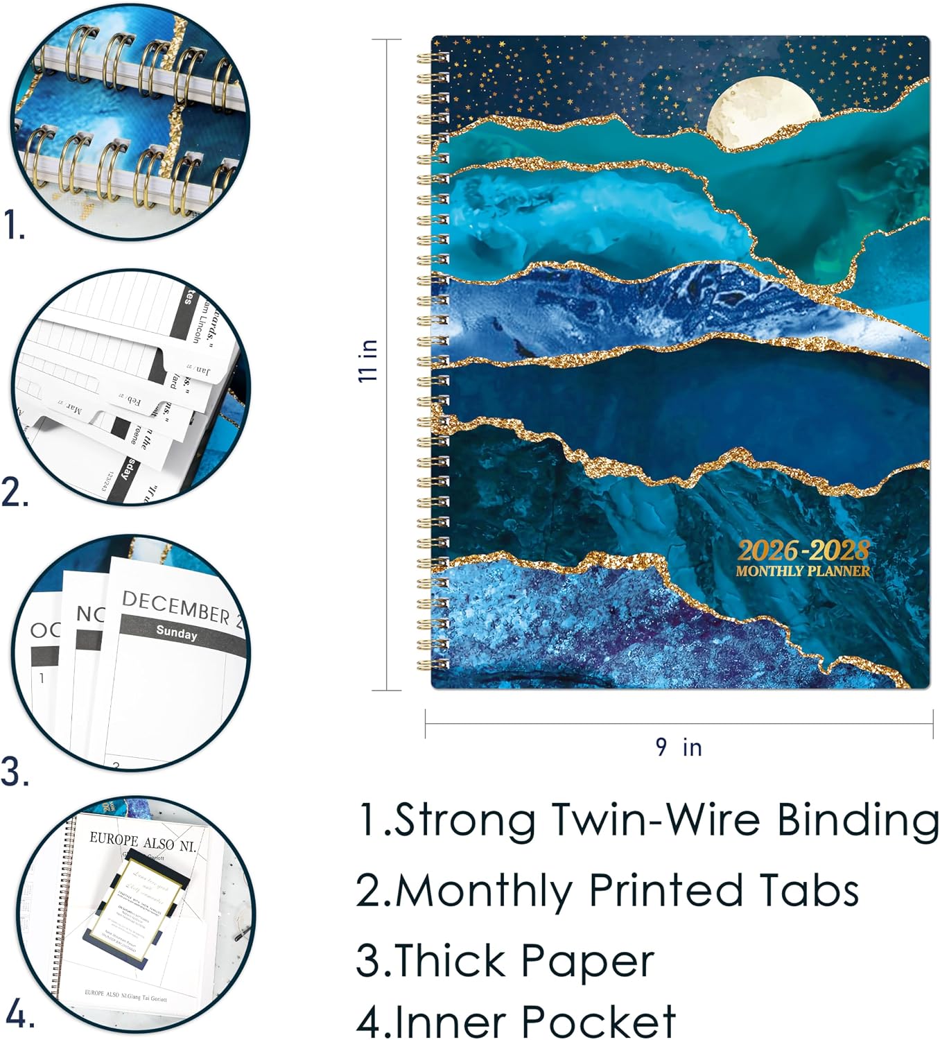 Monthly Planner/Calendar 2026-2028 - 2 Year Monthly Planner 2026-2028 | 9" × 11", Jul 2026 - Jun 2028, 24 Months, Tabs, Twin-Wire Binding, Holidays, Notes Pages