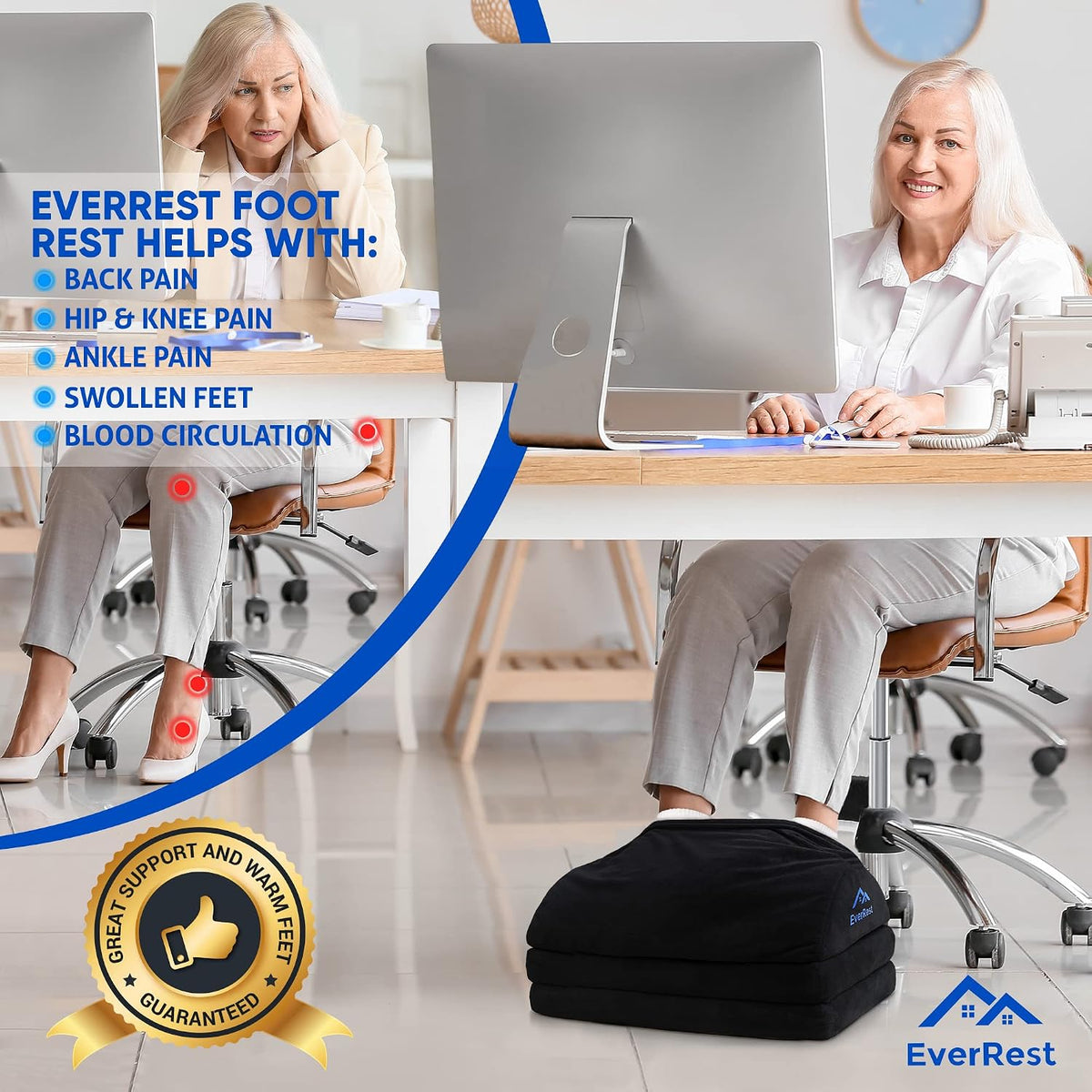 EverRest Under Desk Footrest for Office Use - Warmer Feet, 3 Adjustable Heigh...