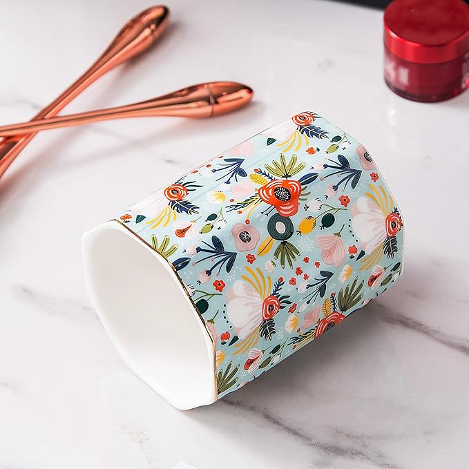 Jwest Pen Holder, Makeup Brush Holder Ceramic Shiny Gold Floral Pattern Pencil - Image 4