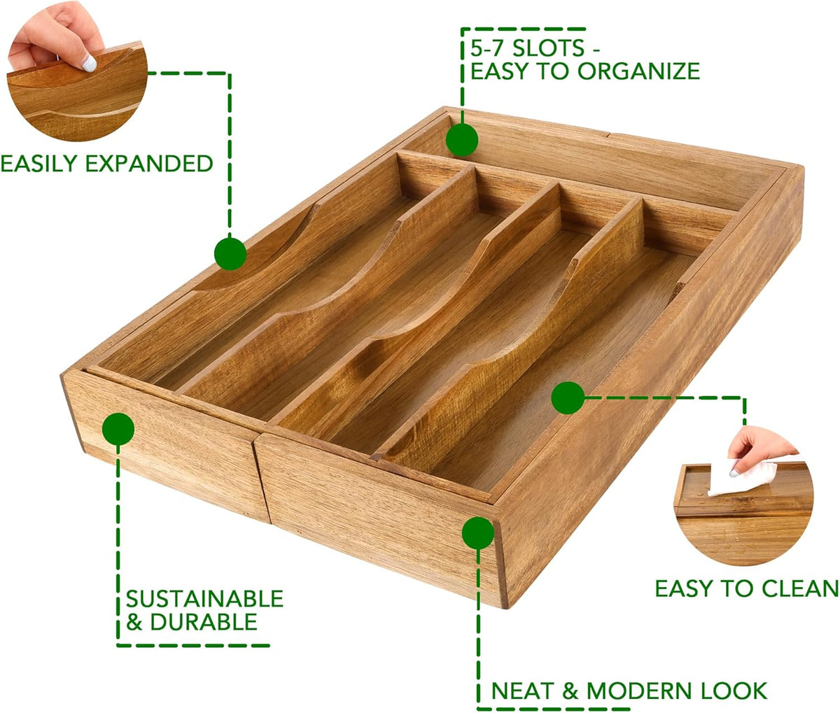 Expandable Acacia Kitchen Drawer Organizer for Cutlery and Utensils, Adjustab...