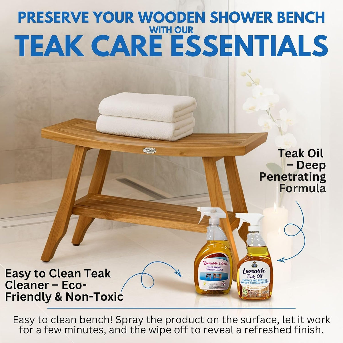 EcoDecors Satori 34-Inch Natural Teak Shower Bench, Waterproof