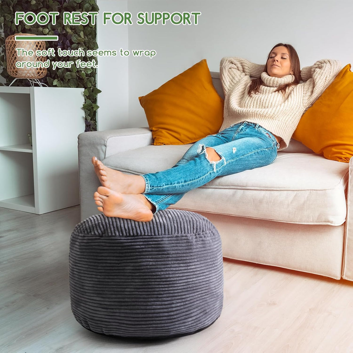 higogogo round stuffed pouf ottoman, corduroy poufs with showing dimensions