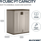 suncast 9 cu ft base storage cabinet, lockable showing dimensions