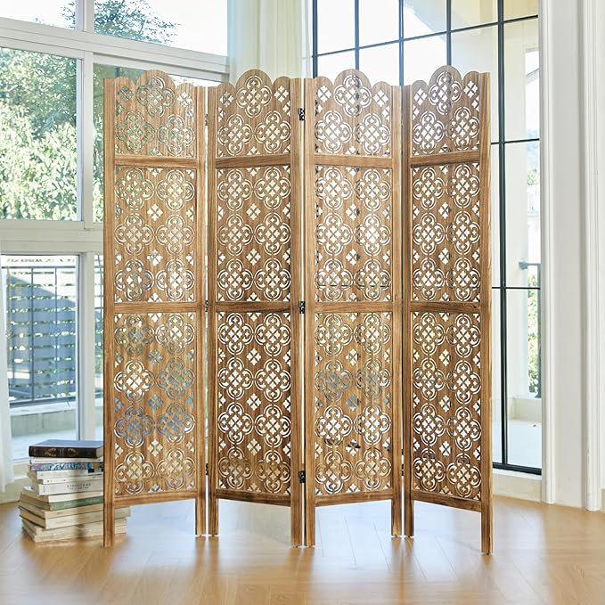 68.9Inch Folding Room Divider, 4 Panels Wood Carved Privacy Screens - Image 6