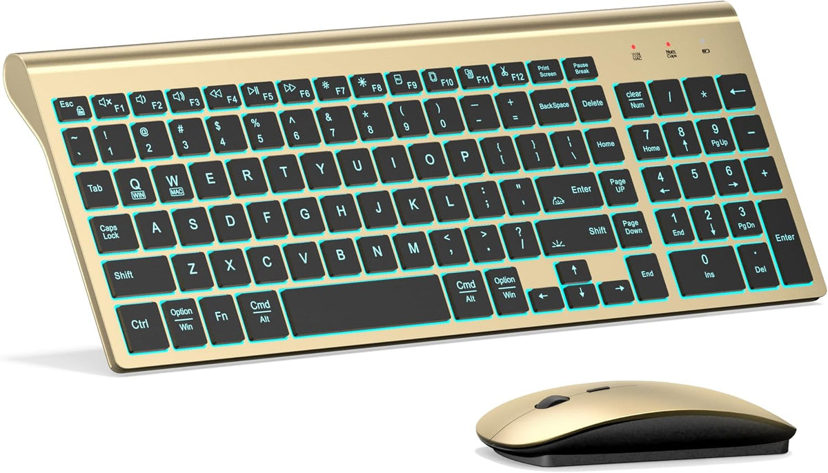 Wireless Backlit Keyboard and Mouse Ultra Slim Combo, TopMate - Gold Black