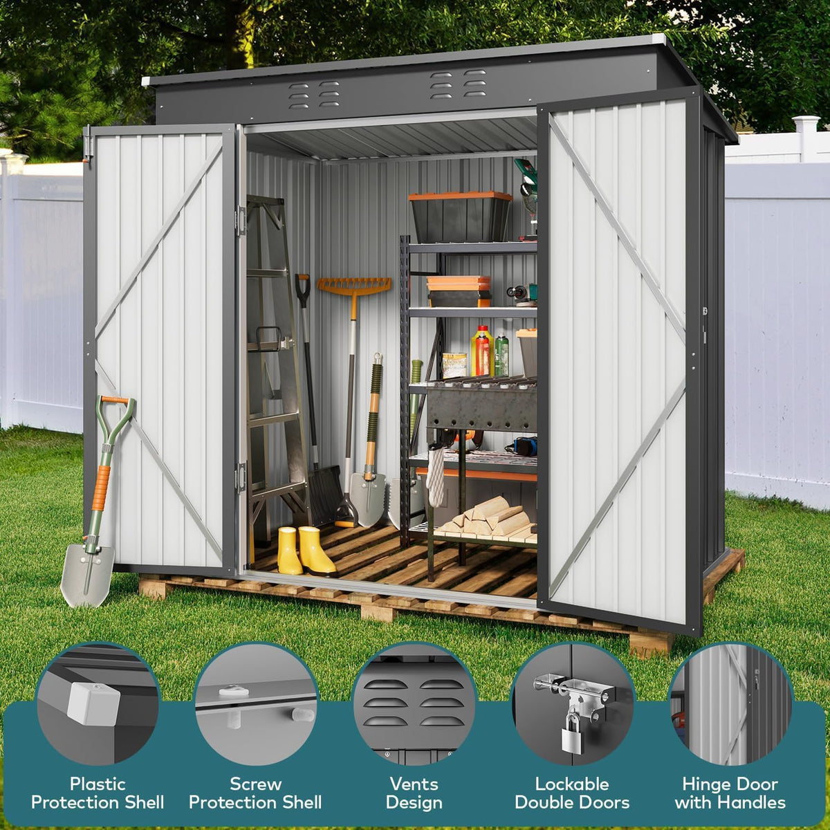 gizoon 6x4 ft outdoor shed, metal garden shed, side view