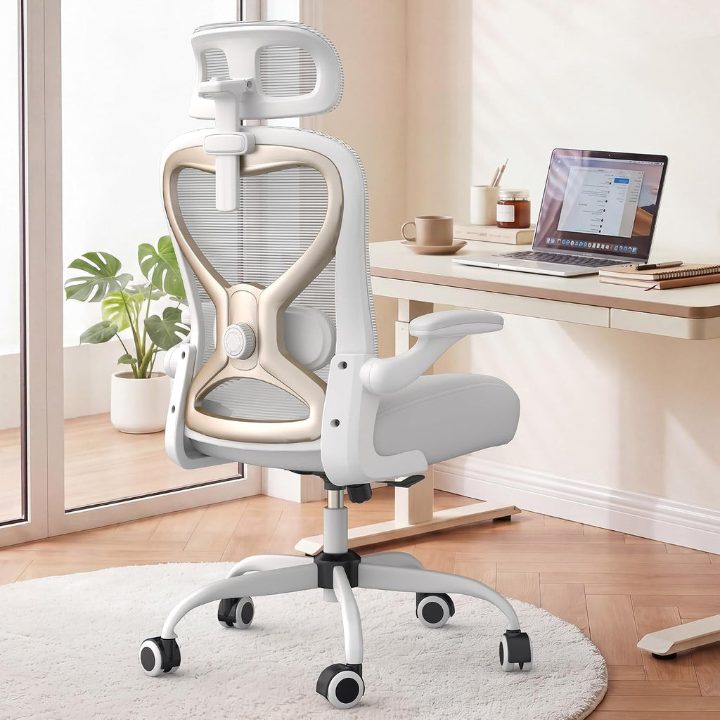 Ergonomic Office Chair for Back & Neck Pain Relief, Virgin Foam Seat, 2D Adjustable Lumbar & 3D Headrest, Tilt & Rock for Relaxation, Ideal for Long Sitting Comfort, White/Gold