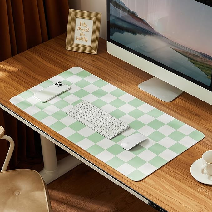Ohocut Checkered Desk Mat, Large Cute Aesthetic Retro PU Leather Computer by Ohocut